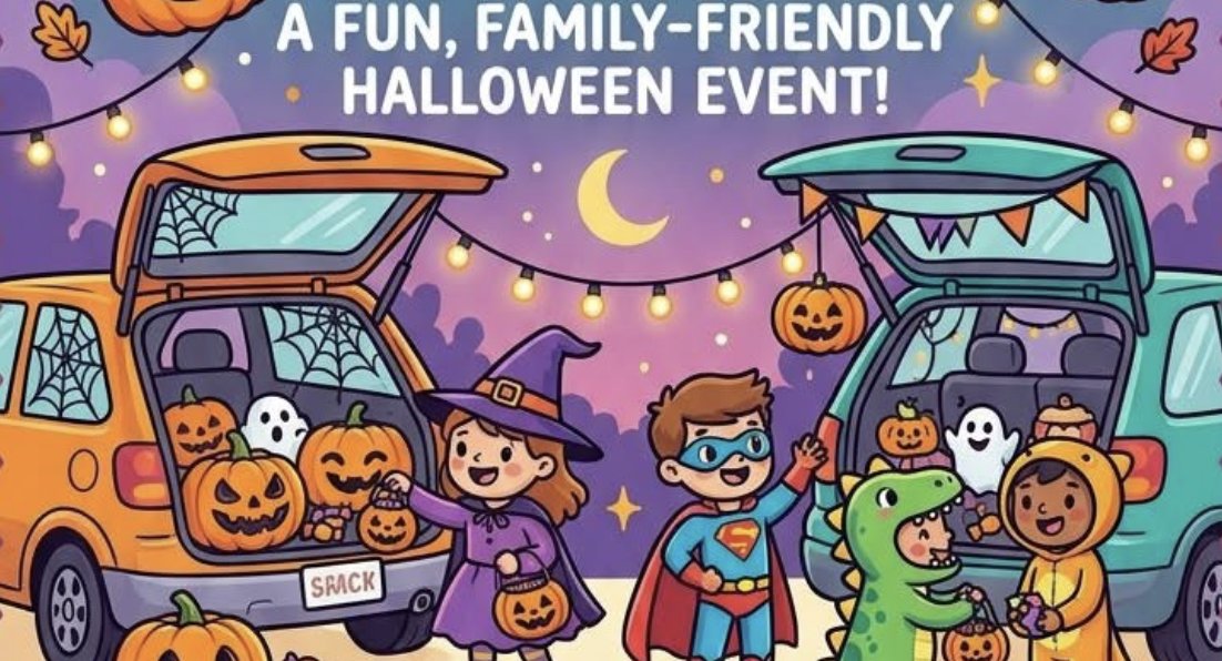 Halloween illustration of kids in costumes trick-or-treating from decorated car trunks